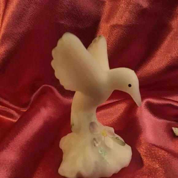 Fenton Hummingbird Opal Satin Glass Figurine Hand-Painted with Crystal Dewdrops